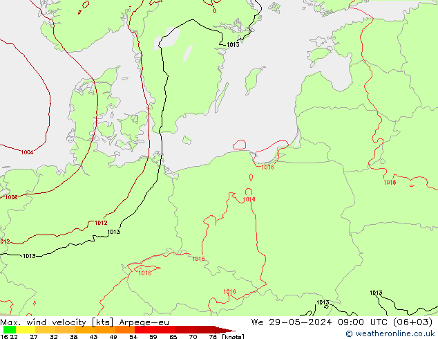Max. wind snelheid Arpege-eu wo 29.05.2024 09 UTC