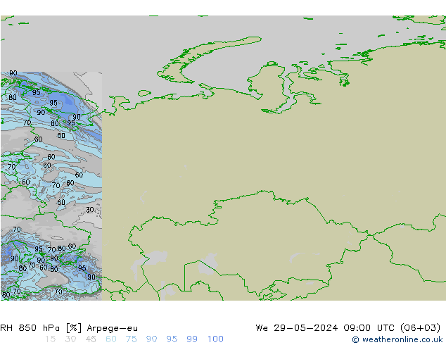 Humidité rel. 850 hPa Arpege-eu mer 29.05.2024 09 UTC
