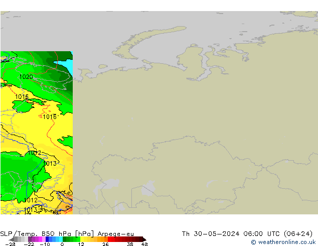 SLP/Temp. 850 гПа Arpege-eu чт 30.05.2024 06 UTC