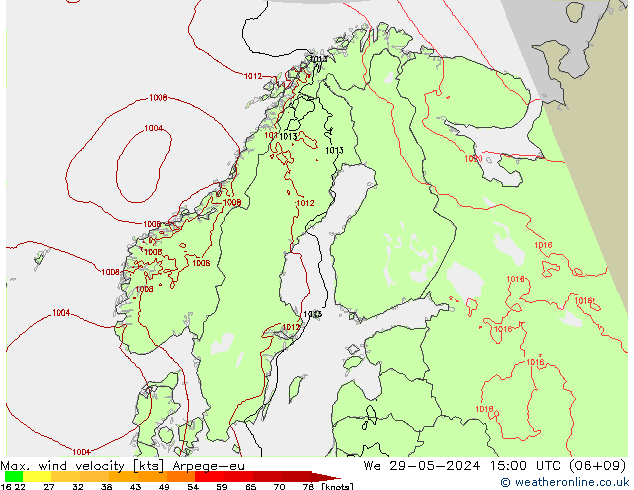 Max. wind velocity Arpege-eu mer 29.05.2024 15 UTC