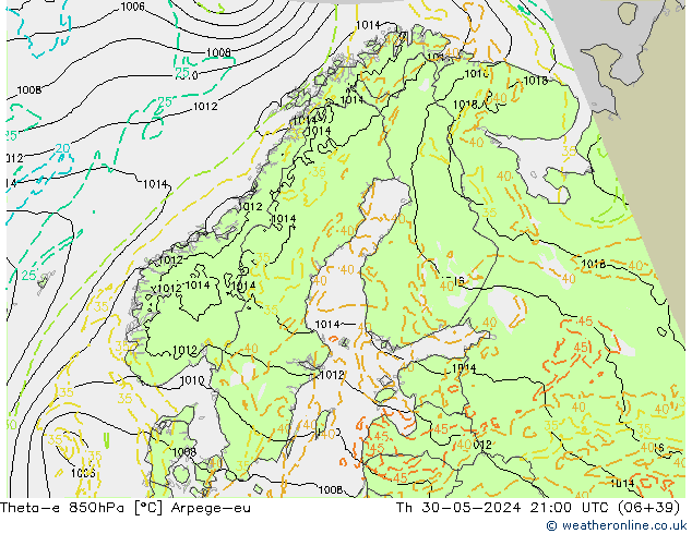 Theta-e 850hPa Arpege-eu Čt 30.05.2024 21 UTC
