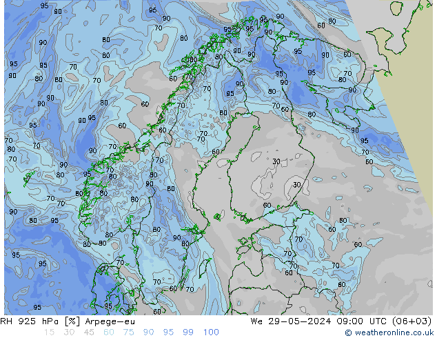 RH 925 hPa Arpege-eu 星期三 29.05.2024 09 UTC