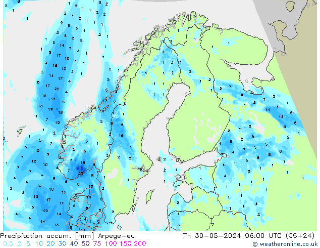 Totale neerslag Arpege-eu do 30.05.2024 06 UTC