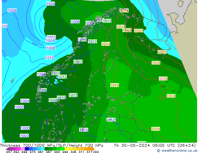 Schichtdicke 700-1000 hPa Arpege-eu Do 30.05.2024 06 UTC