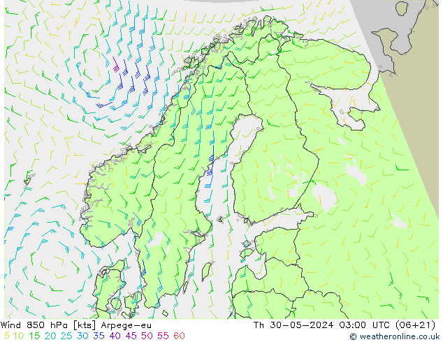 Wind 850 hPa Arpege-eu Čt 30.05.2024 03 UTC
