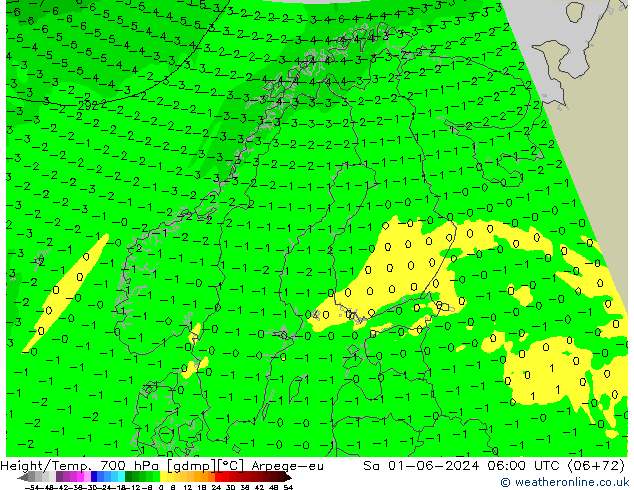 Height/Temp. 700 hPa Arpege-eu so. 01.06.2024 06 UTC