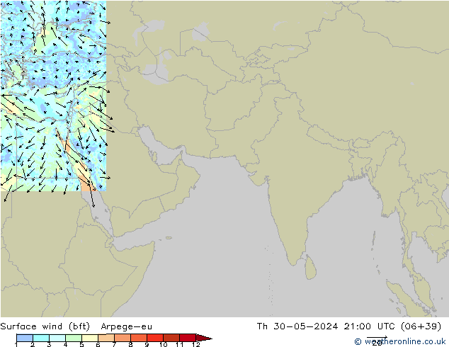 Surface wind (bft) Arpege-eu Th 30.05.2024 21 UTC