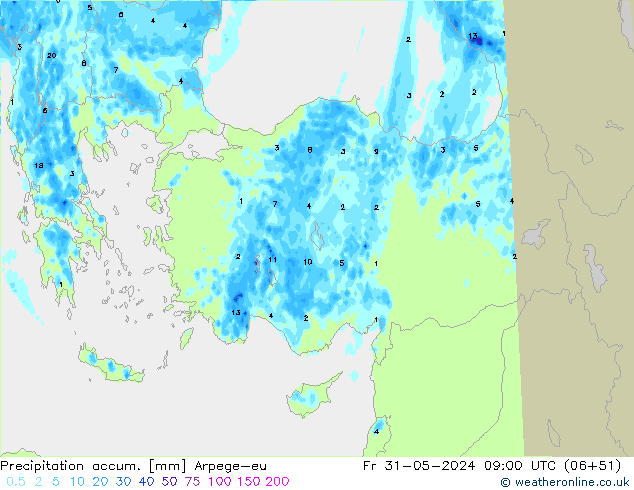 Totale neerslag Arpege-eu vr 31.05.2024 09 UTC