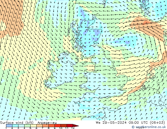 Surface wind (bft) Arpege-eu St 29.05.2024 09 UTC