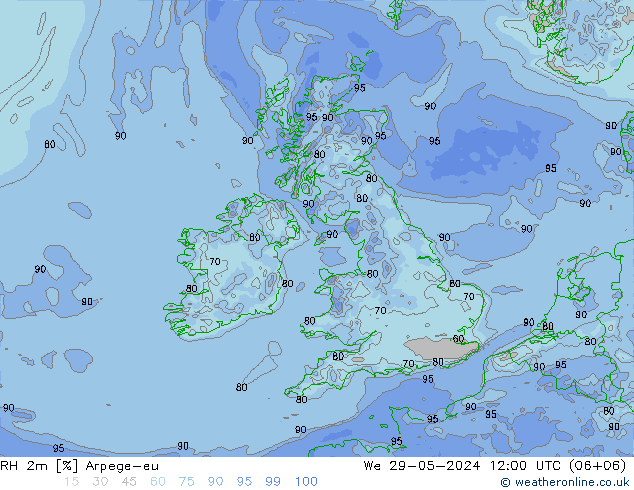 Humedad rel. 2m Arpege-eu mié 29.05.2024 12 UTC