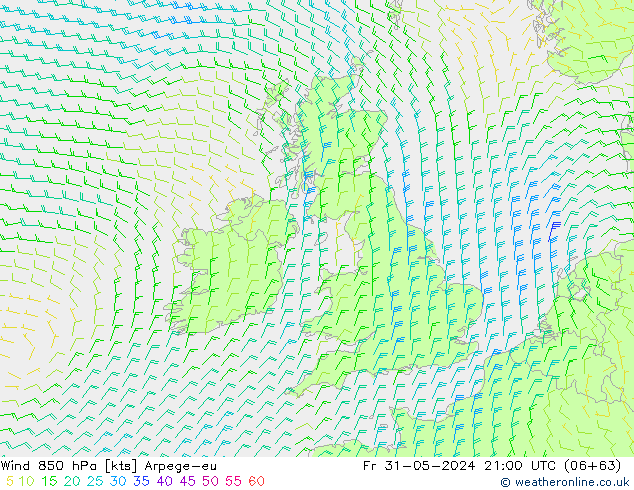 ветер 850 гПа Arpege-eu пт 31.05.2024 21 UTC