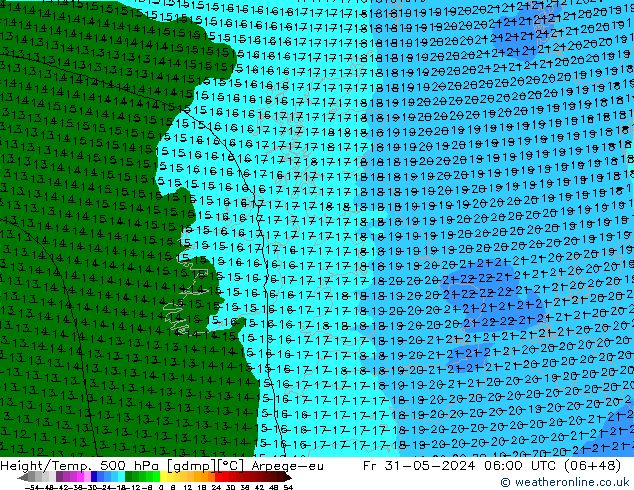 Hoogte/Temp. 500 hPa Arpege-eu vr 31.05.2024 06 UTC