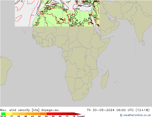 Max. wind velocity Arpege-eu Čt 30.05.2024 06 UTC