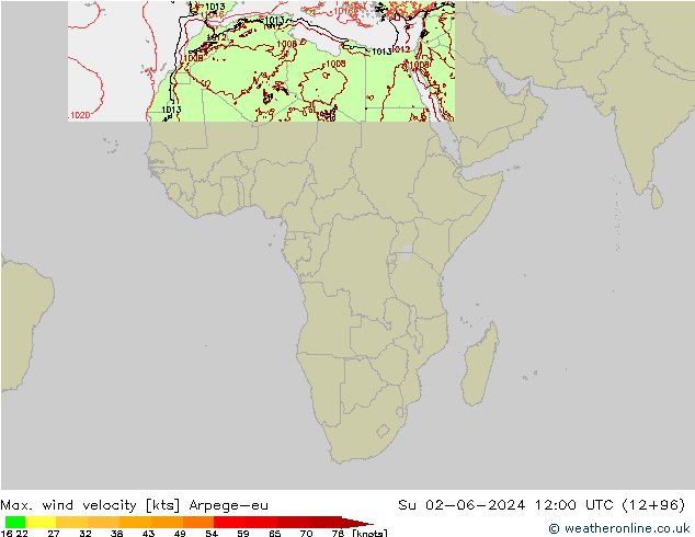 Max. wind velocity Arpege-eu Su 02.06.2024 12 UTC