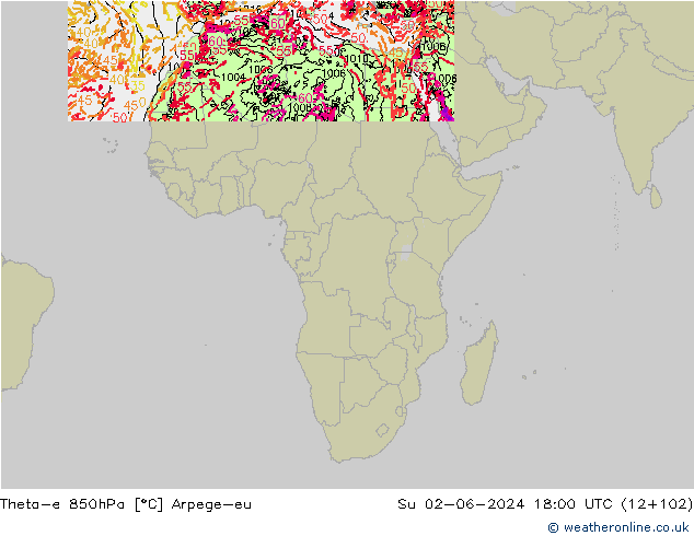 Theta-e 850hPa Arpege-eu Su 02.06.2024 18 UTC