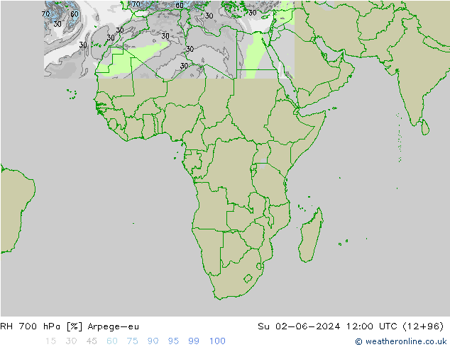 RH 700 hPa Arpege-eu dom 02.06.2024 12 UTC