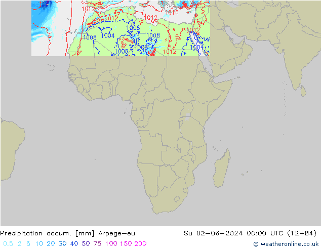 Totale neerslag Arpege-eu zo 02.06.2024 00 UTC