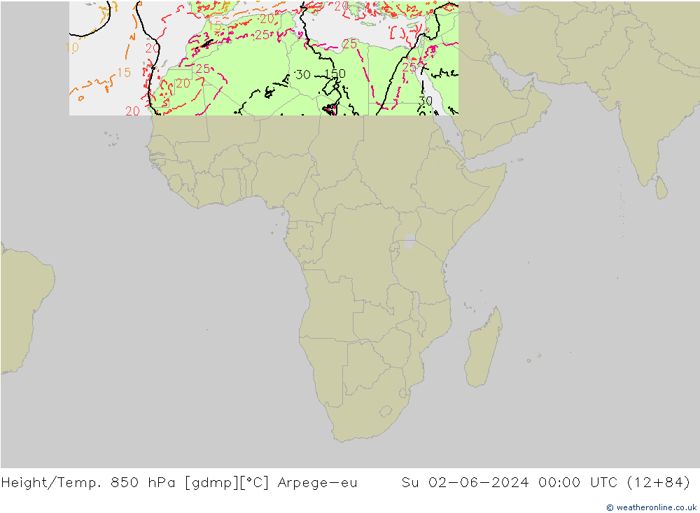 Height/Temp. 850 hPa Arpege-eu  02.06.2024 00 UTC