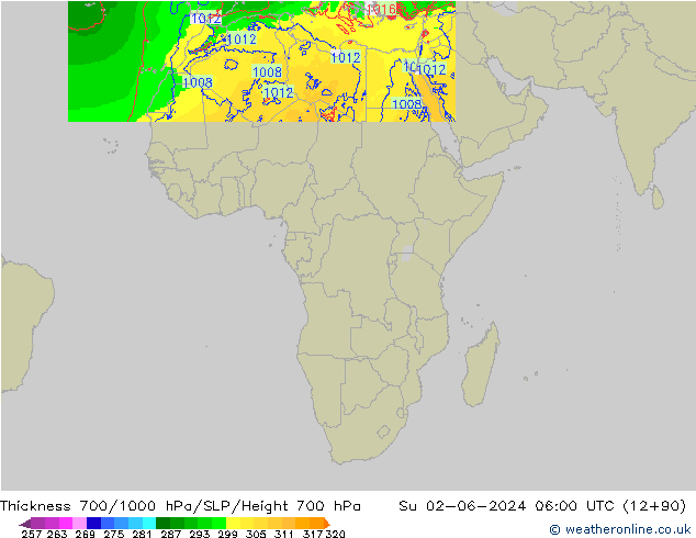 Dikte700-1000 hPa Arpege-eu zo 02.06.2024 06 UTC