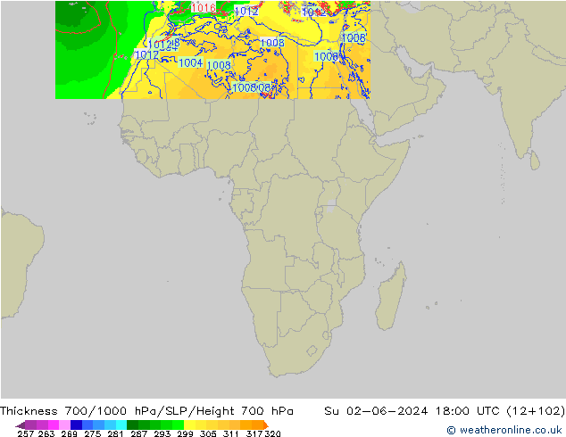 Thck 700-1000 hPa Arpege-eu dom 02.06.2024 18 UTC