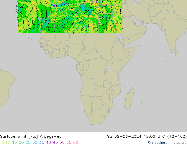 Vento 10 m Arpege-eu dom 02.06.2024 18 UTC