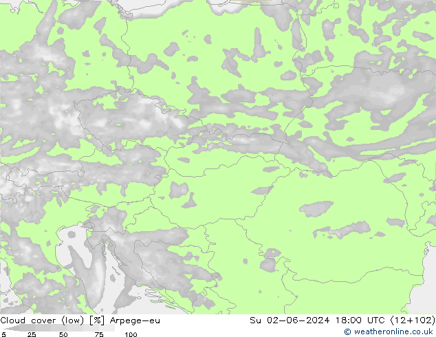 Cloud cover (low) Arpege-eu Su 02.06.2024 18 UTC