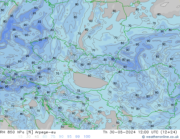 RH 850 hPa Arpege-eu czw. 30.05.2024 12 UTC