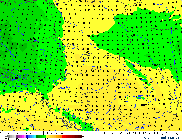 SLP/Temp. 850 hPa Arpege-eu Sex 31.05.2024 00 UTC