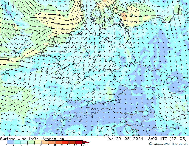 Surface wind (bft) Arpege-eu We 29.05.2024 18 UTC