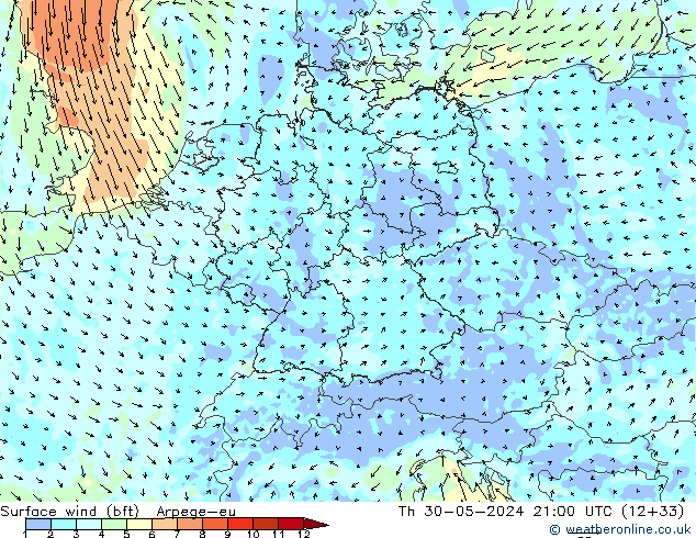 Vento 10 m (bft) Arpege-eu Qui 30.05.2024 21 UTC