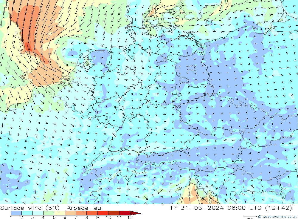 Surface wind (bft) Arpege-eu Fr 31.05.2024 06 UTC