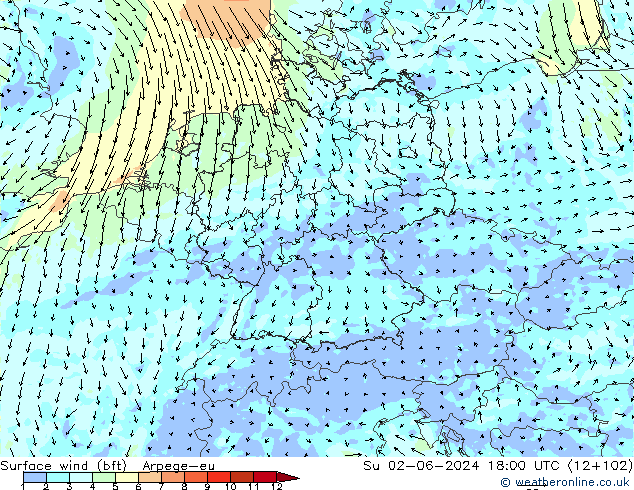 Surface wind (bft) Arpege-eu Ne 02.06.2024 18 UTC