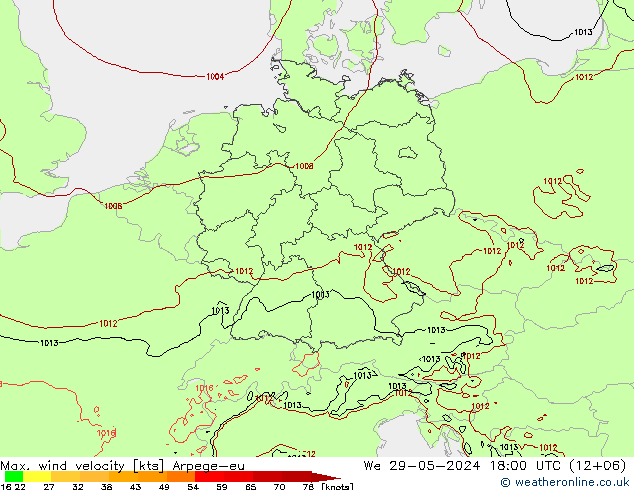 Max. wind velocity Arpege-eu mié 29.05.2024 18 UTC