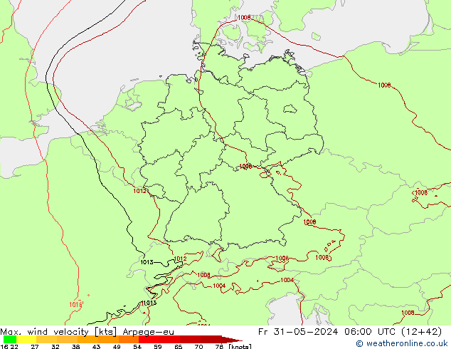 Max. wind velocity Arpege-eu Fr 31.05.2024 06 UTC