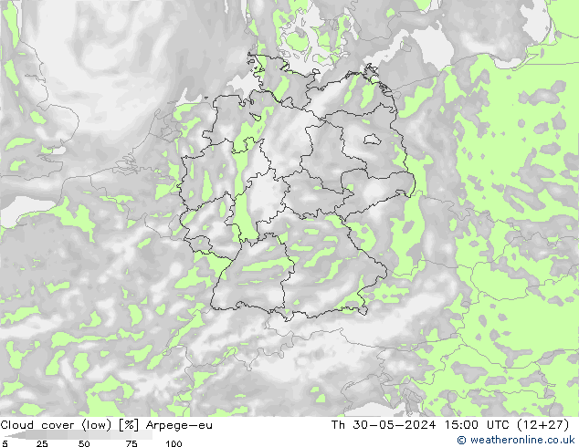 Cloud cover (low) Arpege-eu Th 30.05.2024 15 UTC