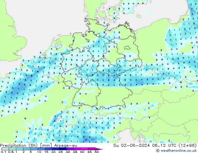 Precipitation (6h) Arpege-eu Su 02.06.2024 12 UTC