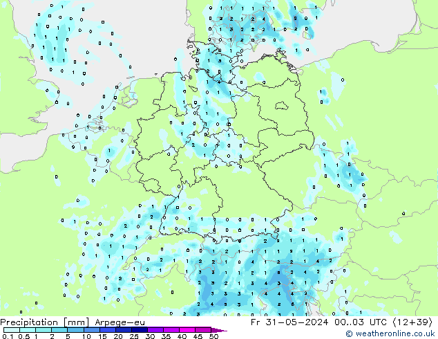 Srážky Arpege-eu Pá 31.05.2024 03 UTC