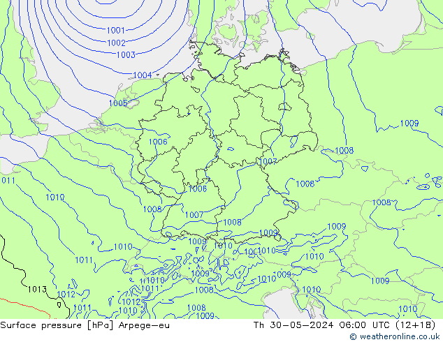 Atmosférický tlak Arpege-eu Čt 30.05.2024 06 UTC