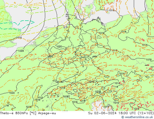 Theta-e 850hPa Arpege-eu  02.06.2024 18 UTC