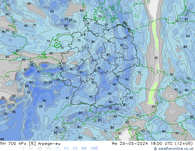 Humidité rel. 700 hPa Arpege-eu mer 29.05.2024 18 UTC