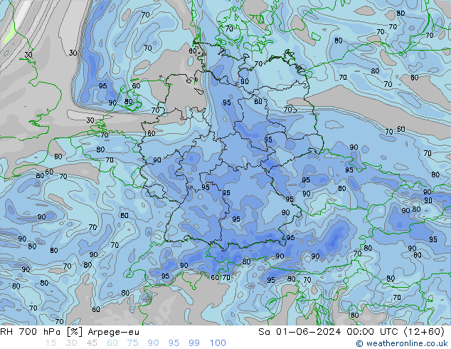 Humidité rel. 700 hPa Arpege-eu sam 01.06.2024 00 UTC