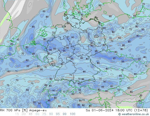 RH 700 hPa Arpege-eu Sa 01.06.2024 18 UTC