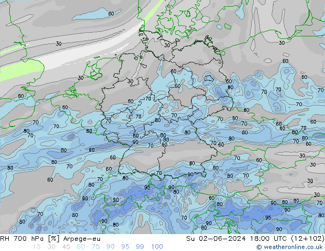 RH 700 hPa Arpege-eu dom 02.06.2024 18 UTC