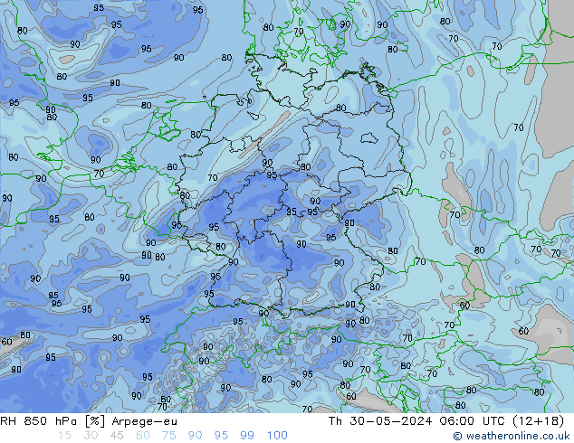 RH 850 гПа Arpege-eu чт 30.05.2024 06 UTC