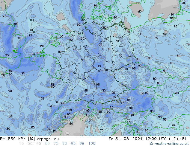 Humidité rel. 850 hPa Arpege-eu ven 31.05.2024 12 UTC