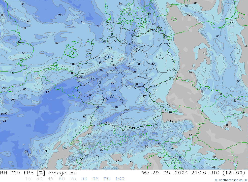 925 hPa Nispi Nem Arpege-eu Çar 29.05.2024 21 UTC