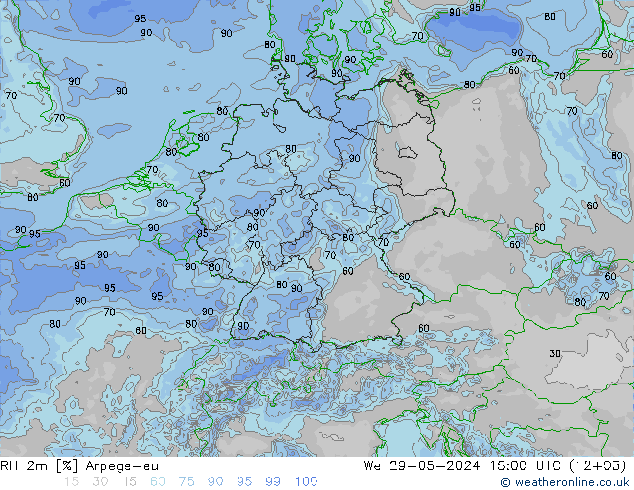 RH 2m Arpege-eu Mi 29.05.2024 15 UTC