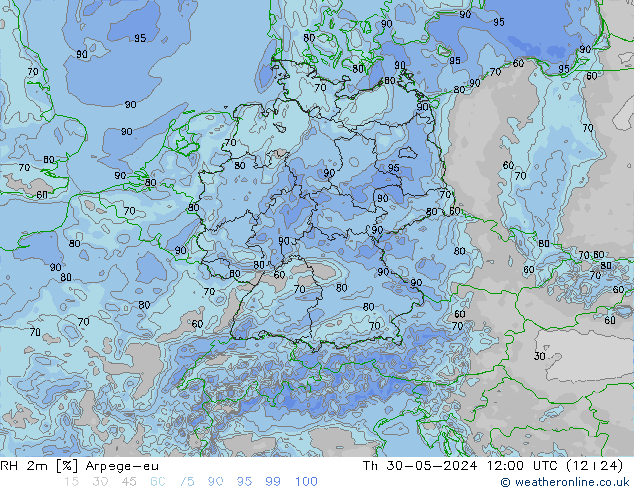 Humedad rel. 2m Arpege-eu jue 30.05.2024 12 UTC