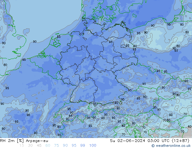 Humedad rel. 2m Arpege-eu dom 02.06.2024 03 UTC