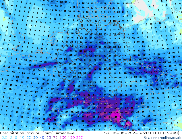 Totale neerslag Arpege-eu zo 02.06.2024 06 UTC